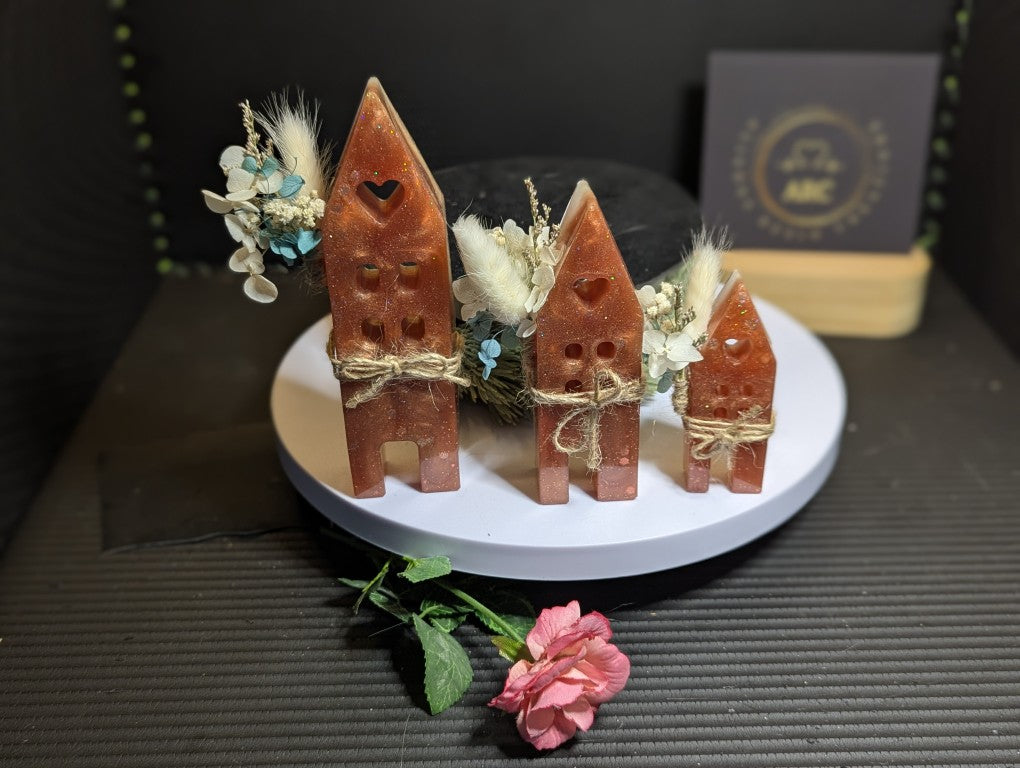 Set of three house's with blue flowers